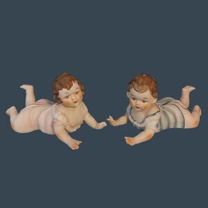 Set of 2 Vintage Piano Baby Figurine Bisque Porcelain Crawling Boy Girl
